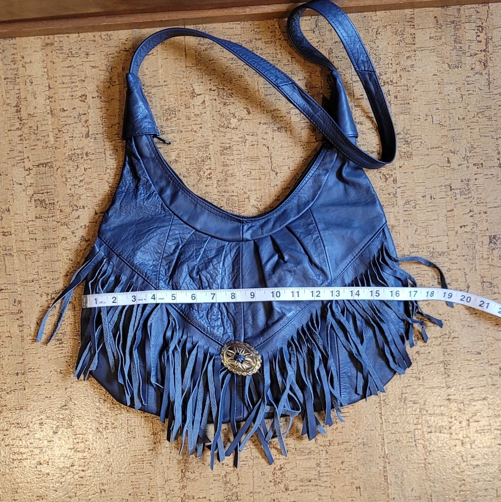Vintage Blue Leather Fringe Shoulder Bag - Picture 12 of 14